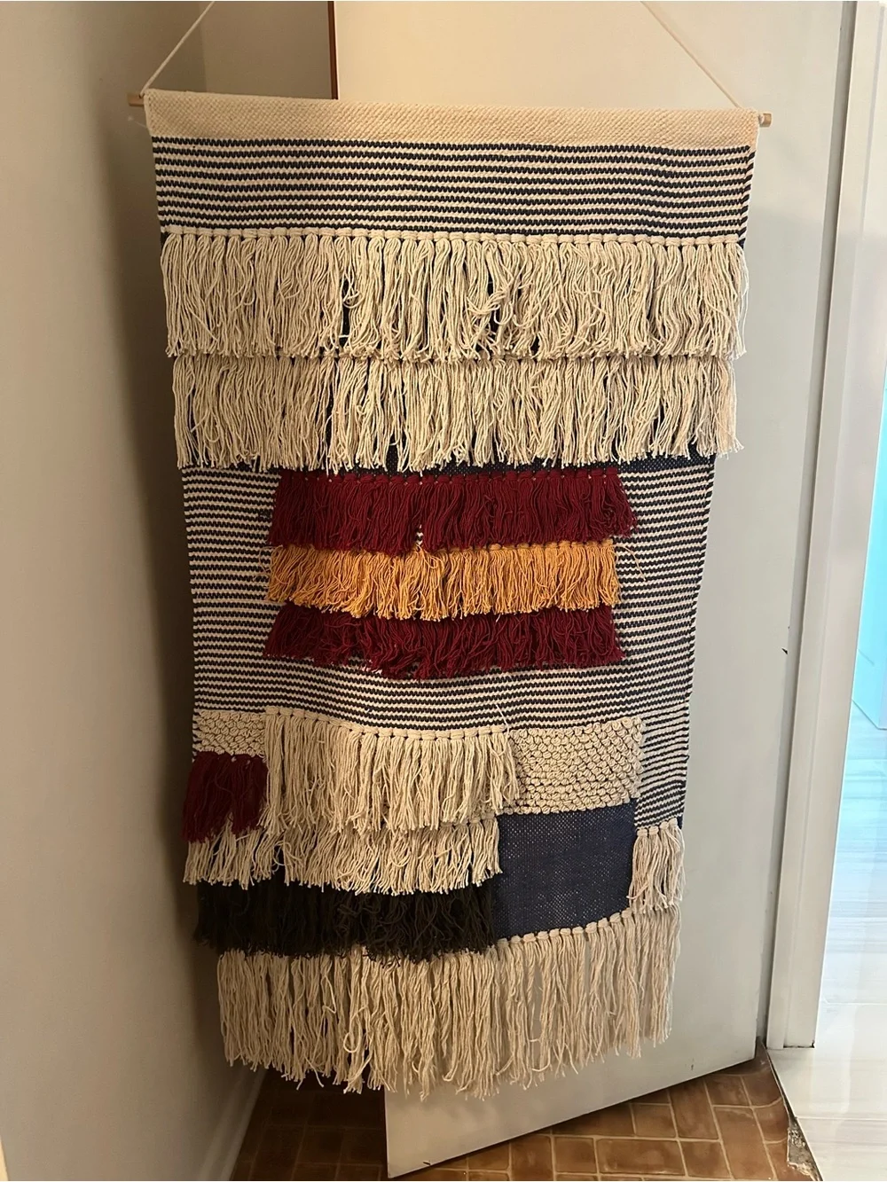 Fringed Boho Wall Hanging in Cream, Burgundy & Mustard